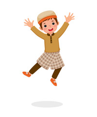 cute little muslim boy jumping celebrating ramadhan