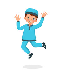 happy cute little muslim boy jumping celebrating ramadhan