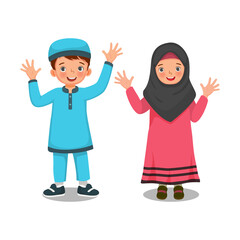 happy cute little Muslim kids boy and girl waving hands showing welcoming greeting celebrating Ramadhan