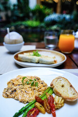 Egg breakfast food in the morning. Poached dish, toasted. Delicious meal plate tasty closeup on table. Cuisine  homemade plate photography.