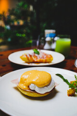 Egg breakfast food in the morning. Poached dish, toasted. Delicious meal plate tasty closeup on table. Cuisine  homemade plate photography.