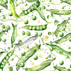 Seamless hand drawn watercolor pattern: sweet green pea pods and peas.pattern for fashion prints for printing fabrics, paper, background, cloth, packaging. Beautiful seamless pattern with green beans