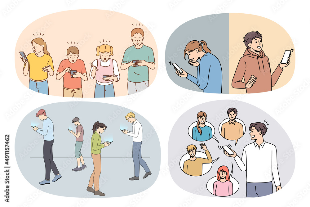 Poster set of diverse people addicted to cellphones text and message on gadgets. collection of diverse huma