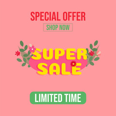 Spring floral sale with decorative elements. Season banner limited time. Flat vector illustration