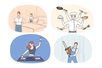 Set of people occupations and jobs. Collection of men and women having different professions and careers. Employment concept. Housekeeper, chef, dj and lumberman. Vector illustration. 