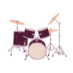 Drumkit with cymbals and toms. Drum kit equipment. Percussion and rhythm music instrument. Flat vector illustration isolated on white background