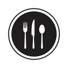 Spoon Knife Fork Icon. Fork Knife Spoon on a Black Dish Icon. Restaurant Icon.