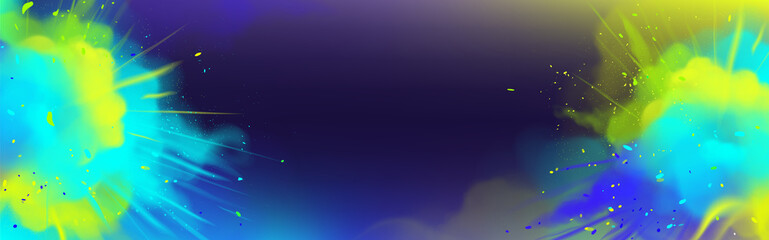 Holi powder paints explosion empty banner template, border with blue and yellow color splashes on dark background, colorful cloud or smoke burst, indian festival ad. Realistic 3d vector illustration