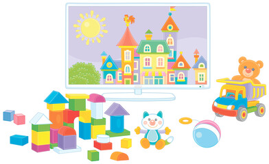 TV set with a pretty small cartoon town and funny toys in a nursery after a merry game with friends, vector illustration isolated on a white background