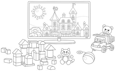 TV set with a pretty small cartoon town and funny toys in a nursery after a merry game with friends, black and white outline vector illustration for a coloring book page
