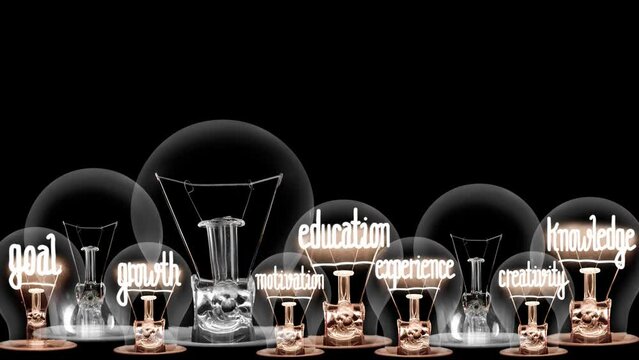 Light bulbs going from dark to light with Learning, Training, Education, Knowledge, Development and Goal fiber text on black background. High quality 4k video.