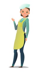 Female cook in overalls. Little Girl from kitchen in an apron. Cheerful person. Standing pose. Cartoon comic style flat design. Single character. Illustration isolated on white background. Vector