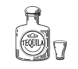 Hand drawn bottle of tequila with a glass. Glass Bottle with strong drink. Vintage Mexican tequila badge. Hand Drawn engraved sketch for t-shirt. Vector illustration, ink sketch.