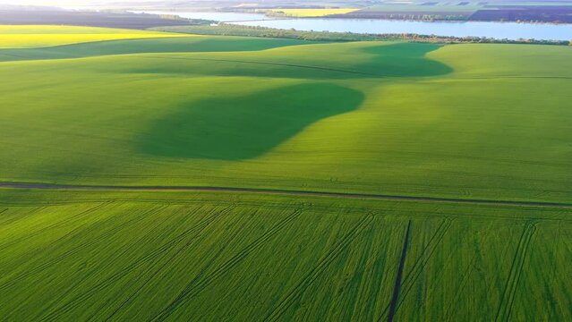 Gorgeous springtime scene of a rolling hills of agricultural area, bird's eye view. Filmed in UHD 4k, drone video.
