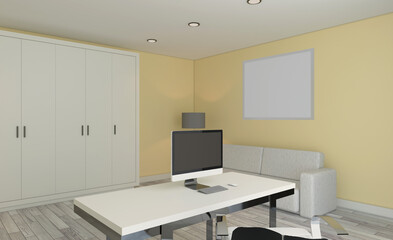 Side view of modern interior. 3D rendering.. Mockup.   Empty paintings