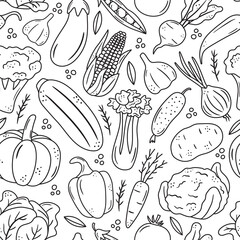 Seamless pattern with black outline vegetable icons. Background with hand drawn drawings of carrot, cabbage, broccoli, corn, pumpkin. Sketch food illustration. Doodle silhouettes of harvest elements