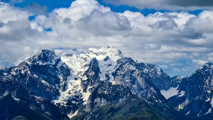 Panoramic view in spring from Frauenkogel on mount Triglav in the Julian Alps, Jesenice, Slovenia. Border Austria, Italy, Slovenia. Triglav National Park. Jesenice in the Upper Drava valley. Summit