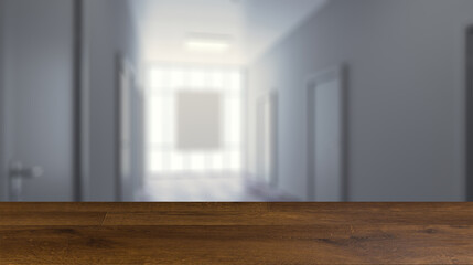 The Corridor in office building. 3D rendering. Background with empty table. Flooring.