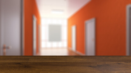 The Corridor in office building. 3D rendering. Background with empty table. Flooring.