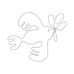 Bird with a Flower in Beak. Hand Draw Line Vetor