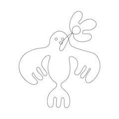 Bird with a Flower in Beak. Hand Draw Line Vetor