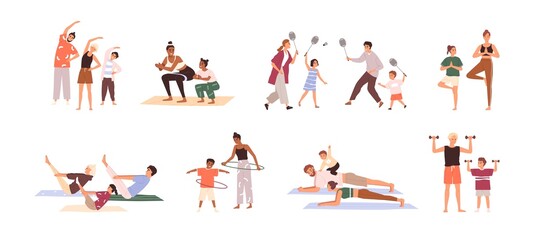 People, families exercising, playing together. Parents-children workouts set. Mothers, father, kids doing sports. Physical training. Flat graphic vector illustrations isolated on white background © Good Studio