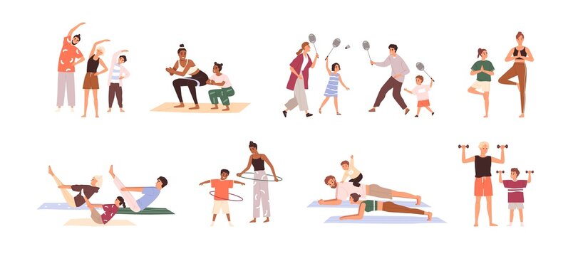 People, families exercising, playing together. Parents-children workouts set. Mothers, father, kids doing sports. Physical training. Flat graphic vector illustrations isolated on white background
