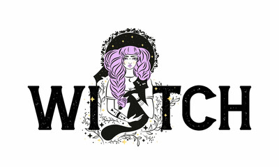 Cute witch and cat wearing hat. Vector illustration. Witch slogan.