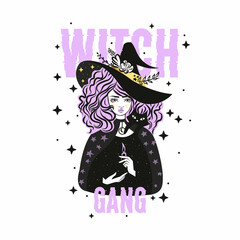 Cute witch and cat wearing hat. Vector illustration. Witch gang slogan with stars.