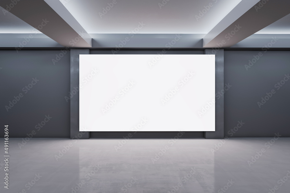 Poster modern spacious concrete exhibition interior with empty white mock up canvas. gallery concept. 3d re