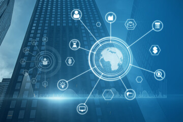 Abstract glowing business data and earth hologram on blurry blue city background. Communication and media concept. Double exposure.