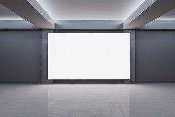 Modern spacious concrete exhibition interior with empty white mock up canvas. Gallery concept. 3D Rendering.