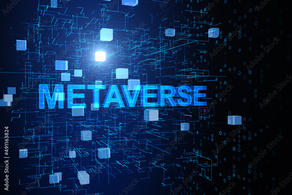 Poster abstract glowing blue metaverse background. game, connection and ai concept. 3d rendering.