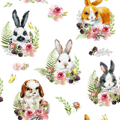 cartoon rabbit seamless pattern. domestic animal illustration. cute watercolor hare. Little rabbit in the garden - 491163808