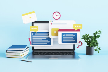 Close up of laptop with online education concept on blue workplace background. Learn and study concept. 3D Rendering.