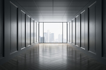 Modern bright corridor with window, bright city view and reflections on wooden floor. 3D Rendering.