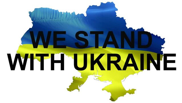 We stand with Ukraine text on Ukrainian map video. Realistic Ukraine Flag background. Ukrainian Flag Looping Closeup 1080p Full HD 1920X1080 footage. Realistic Ukraine Flag Looping Closeup 1080p Full 