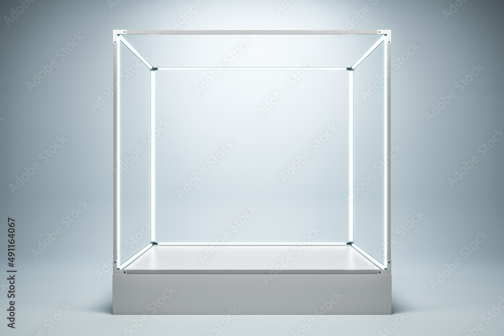 Aufkleber empty illuminated glass showcase with mock up place on white wall background. 3d rendering.