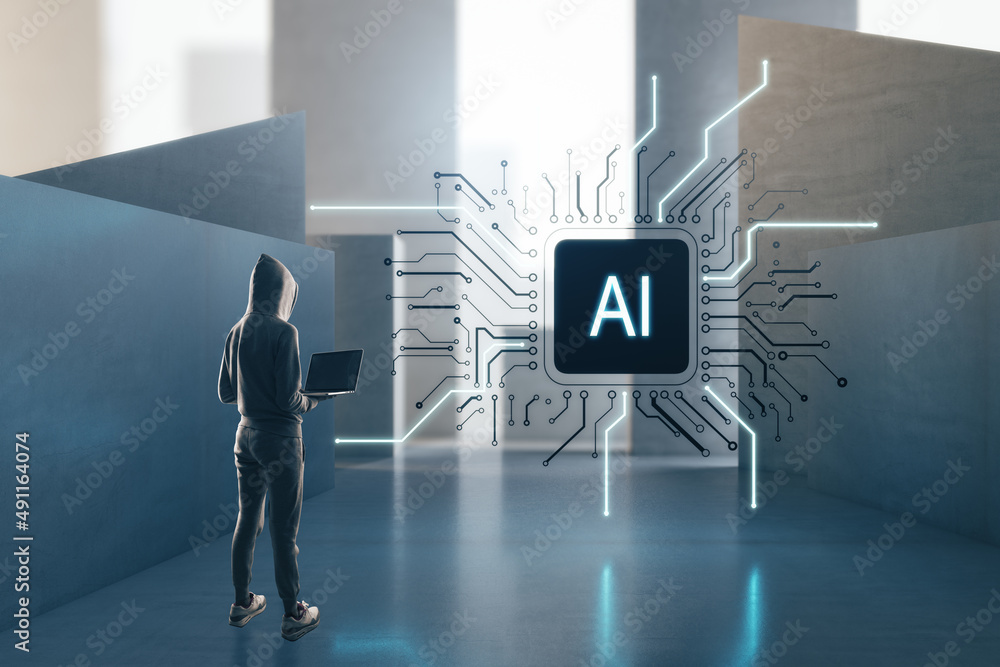 Poster attractive european hacker with laptop standing in concrete interior with abstract micro chip. ai an