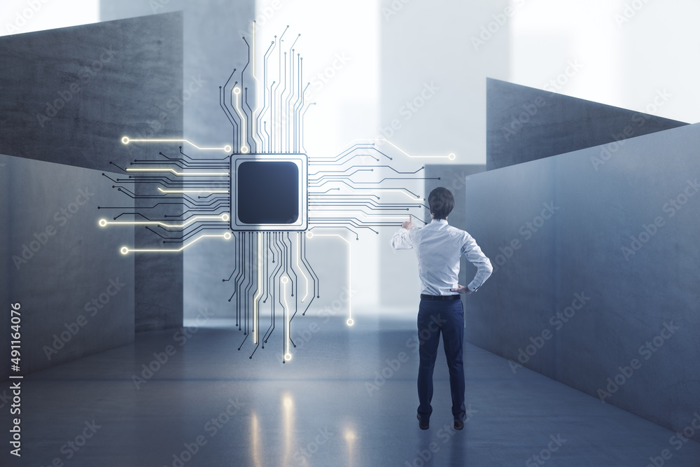 Poster attractive european man standing in concrete interior with abstract micro chip and mock up place. ai
