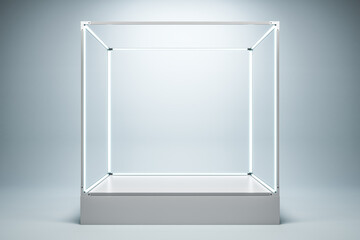Empty illuminated glass showcase with mock up place on white wall background. 3D Rendering.