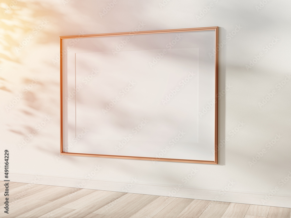 Poster golden frame hanging in bright interior mockup. template of a picture framed on a wall 3d rendering