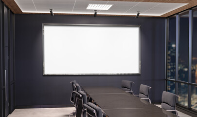 Panoramic frame Mockup hanging in office meeting room. Mock up of large billboard in modern company interior 3D rendering