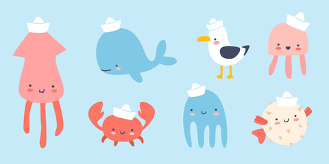 Collection of cute sea animals in sailors hat. Doodle kawaii baby sea life set. Vector adorable marine bundle. - obrazy, fototapety, plakaty