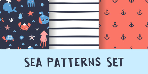 Sea patterns collection for baby fabric. Marine prints set for kids apparel. Cute seamless vector patterns bundle.