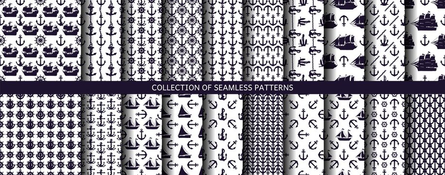 Set seamless pattern of silhouette ships, anchors and steering-wheel rudders. Vector black doodle outline marine transport and nautical device on white background.