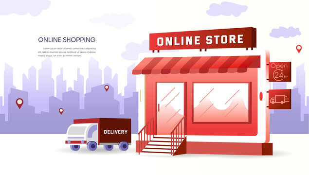Online shopping illustration, There is a white mobile, a red shopping cart, and a shopping bag. Design for website, sale banner, landing page, mobile app, shop online, online store, business
