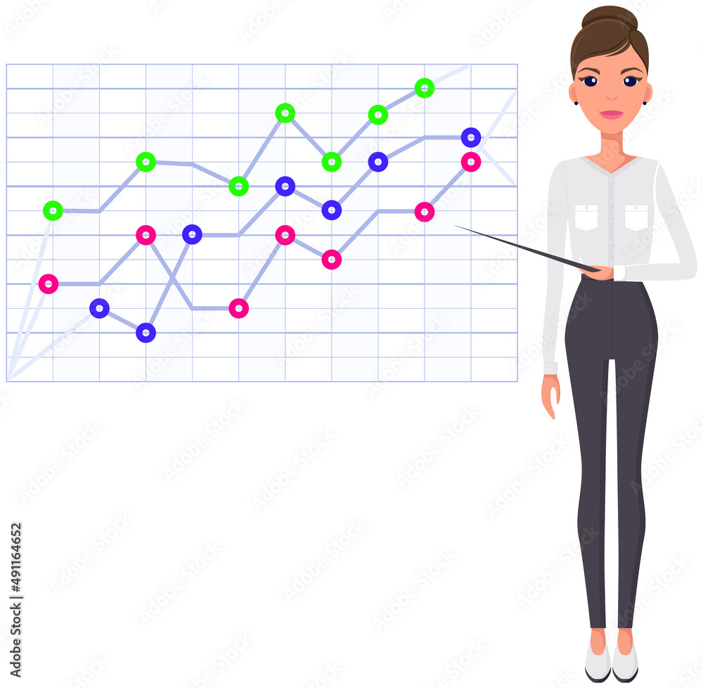 Aufkleber woman studies statistics on presentation. female character while working or studying with report. gi