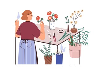 Florist with plants in vases, smelling flowers in floral shop. Woman works with fresh bouquets, floristry, blooms. Floristic business. Flat vector illustration isolated on white background