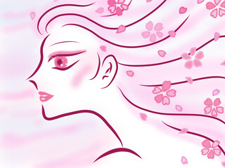 桜の花と花びらの髪をした女性